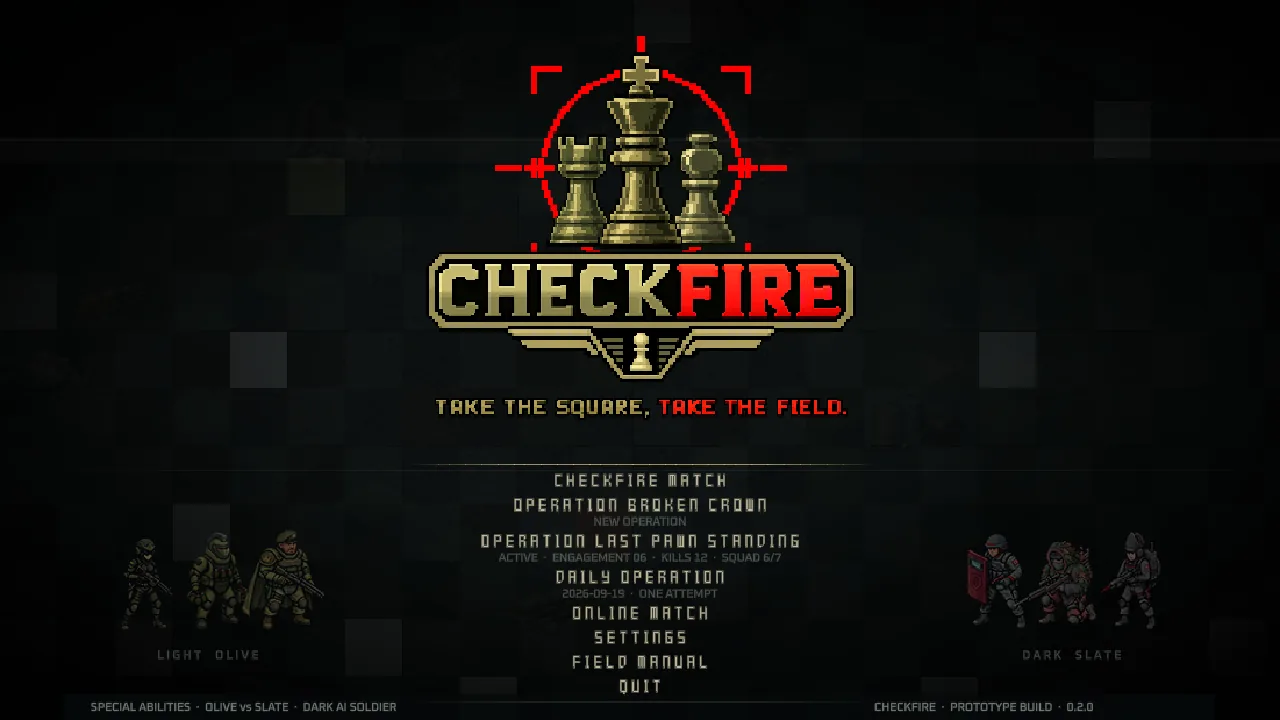 CHECKFIRE main menu: the wordmark over a dark chessboard with soldiers in olive and slate